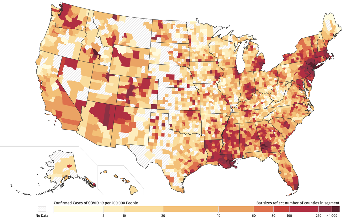 Heat map showing COVID case severity across the United States.